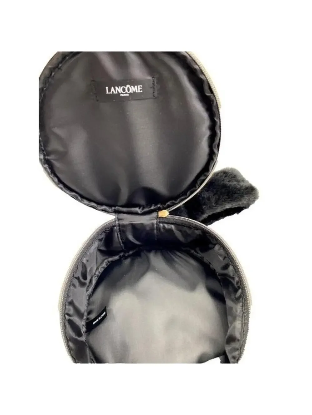 Lancome Paris Makeup Bag Black Circular Makeup Travel Carrier Case Fur Wristlet